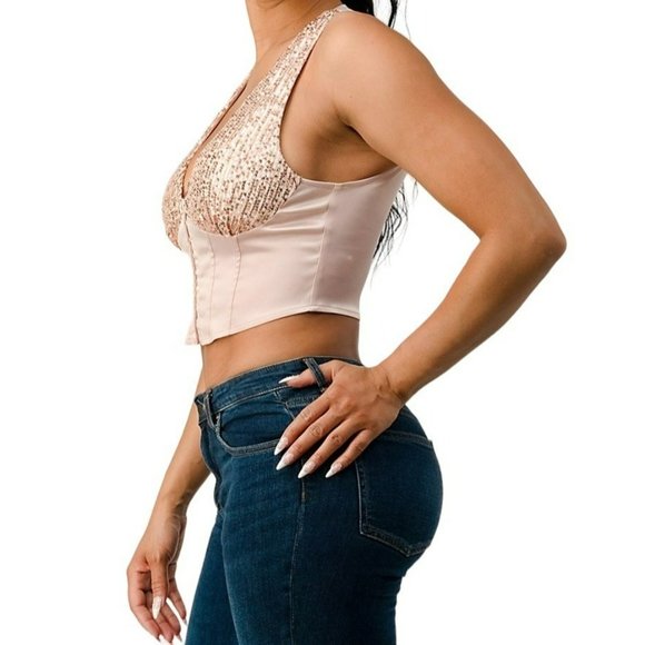 Privy Sleeveless Sequin V-Neck Corset Crop Top Pink Size Medium NWT - Picture 2 of 4